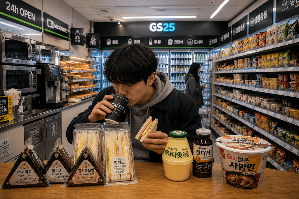 Korean convenience store breakfast with triangle kimbap flavors, banana milk, and iced coffee in front of a GS25 store.